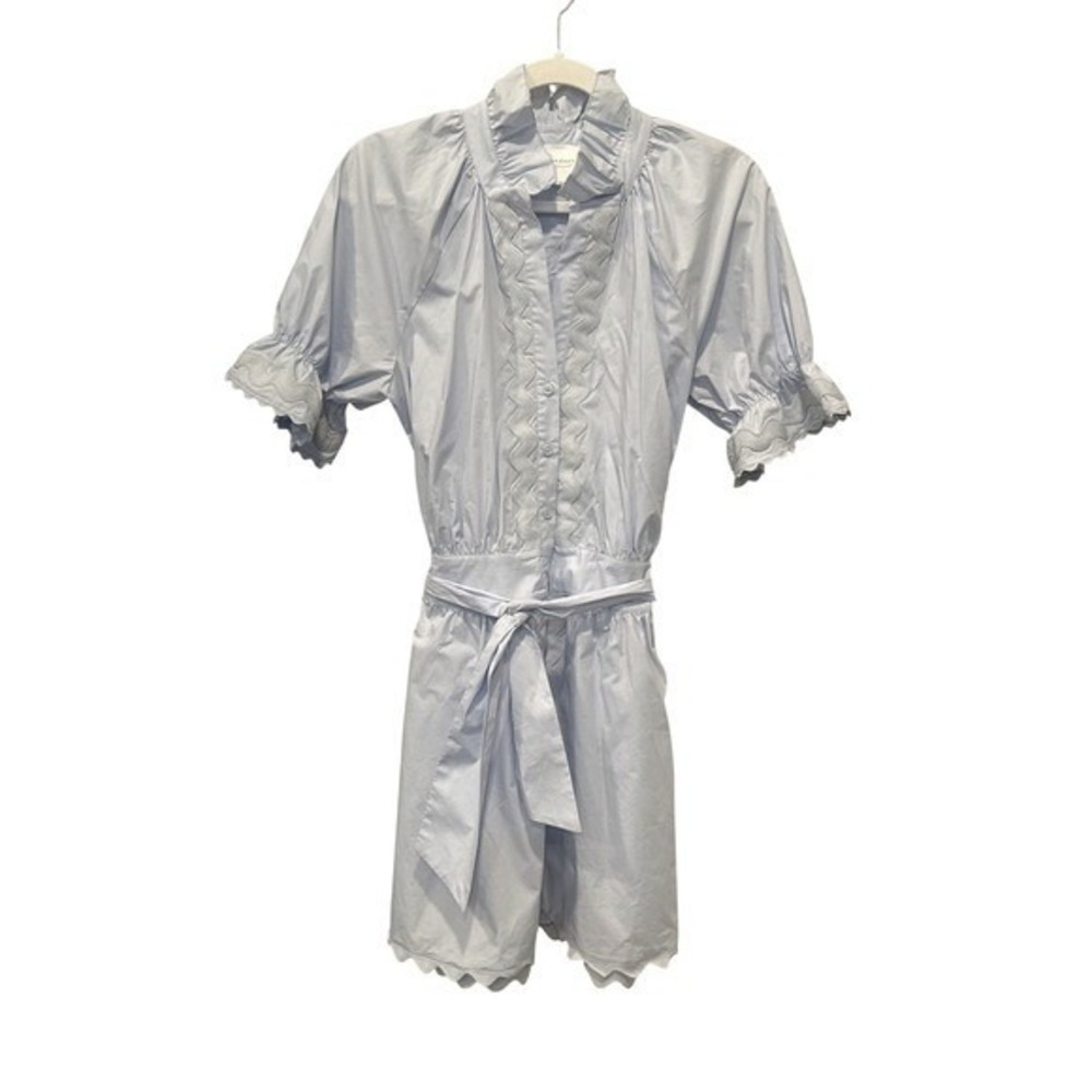 Sundays Full Button Front Mini Dress XS Ruffle Neck Sky Blue Belt Cottagecore